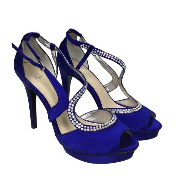 Disney The Glass Slipper Blue Rhinestone Peep Toe Ankle Strap Platform Sandal 8M - Picture 1 of 16